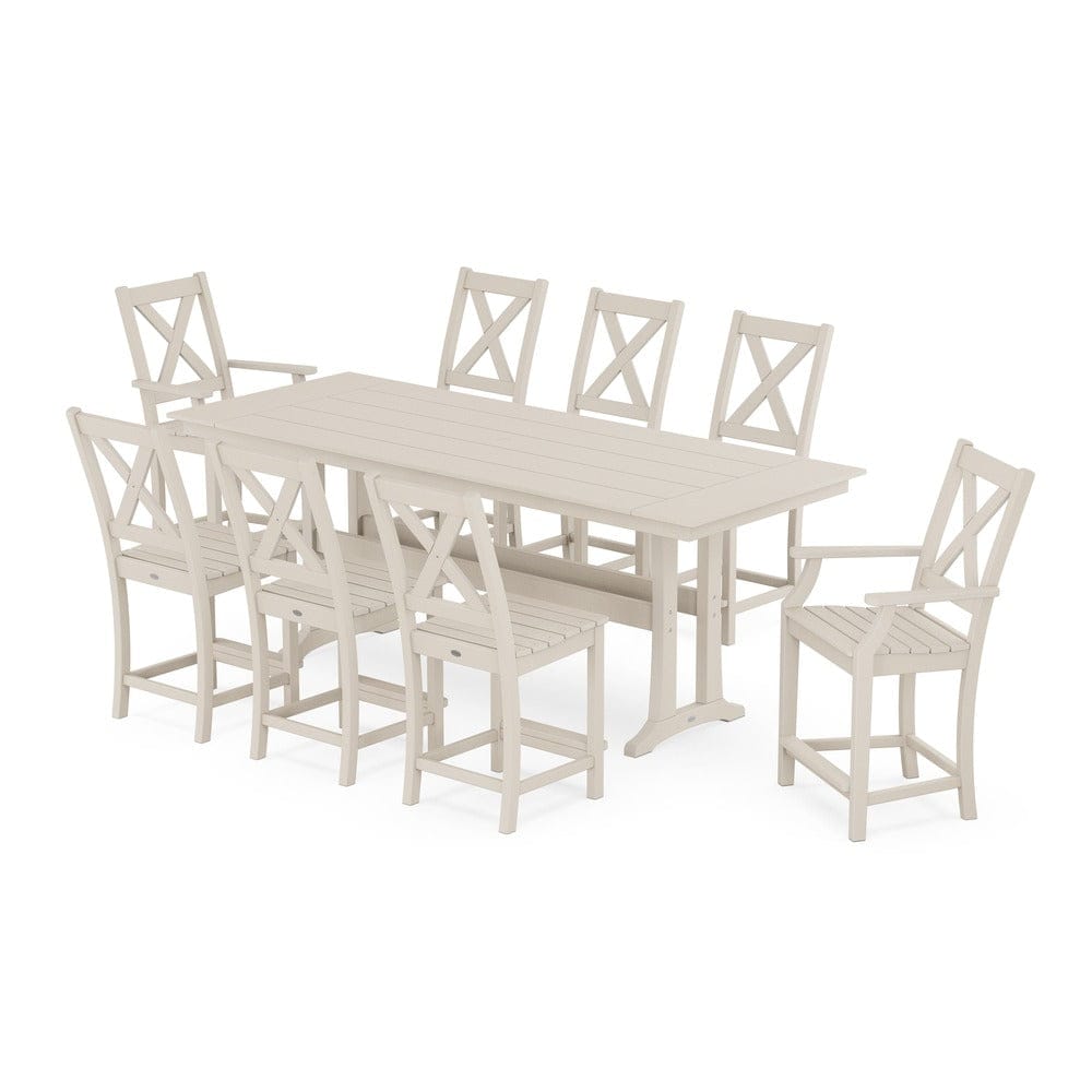 POLYWOOD® Braxton 9-Piece Farmhouse Counter Set with Trestle Legs - Sand PWS1895-1-SA