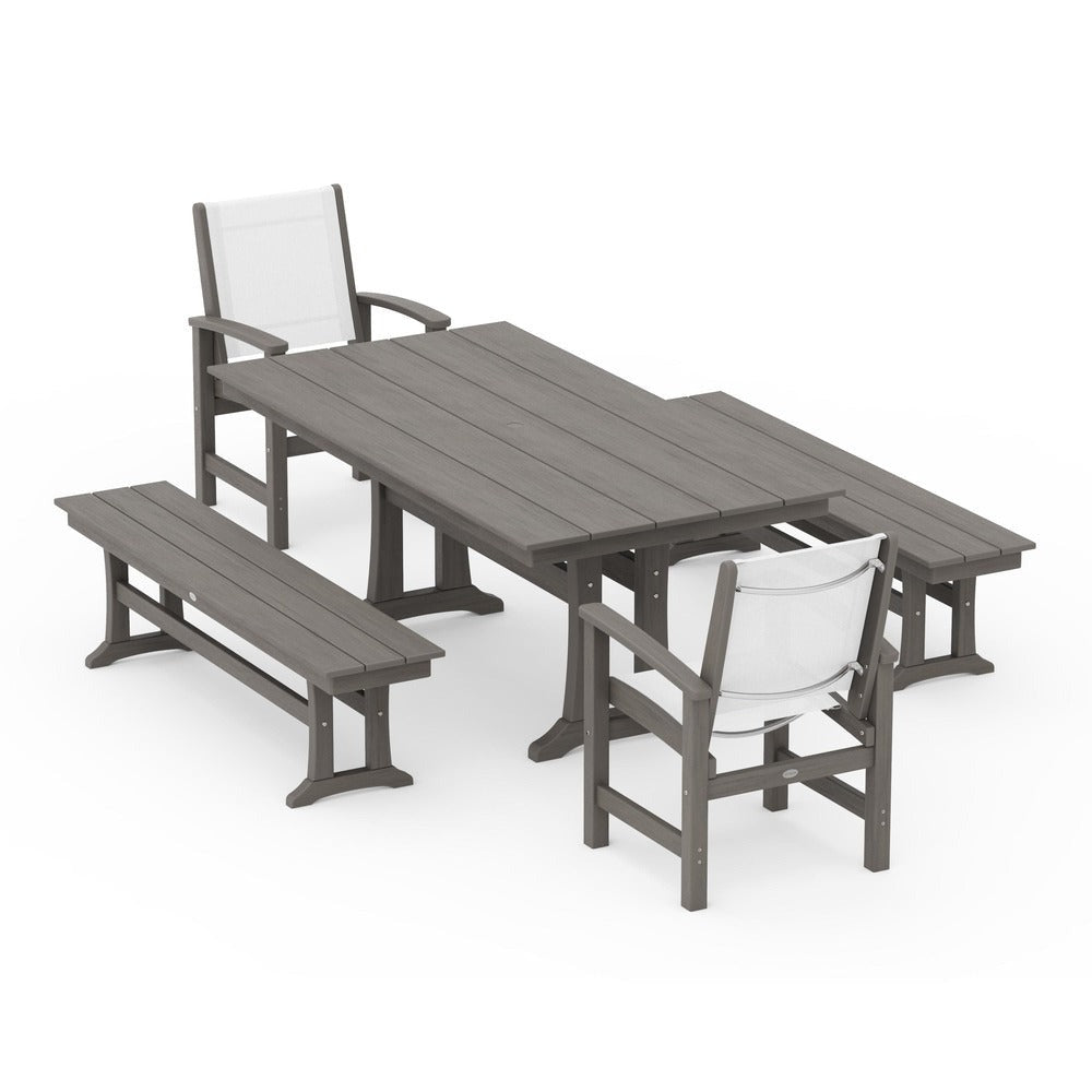 POLYWOOD® - Coastal 5-Piece Farmhouse Dining Set with Trestle Legs and Benches - PWS1000