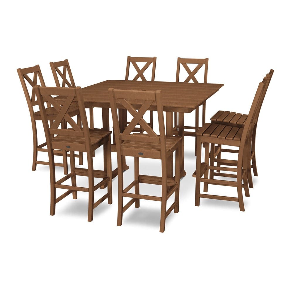POLYWOOD® Braxton 9-Piece Farmhouse Trestle Bar Set - Teak PWS514-1-TE