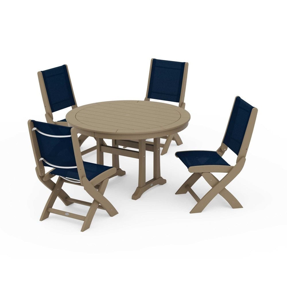 POLYWOOD® - Coastal Folding Side Chair 5-Piece Round Dining Set With Trestle Legs - PWS1121