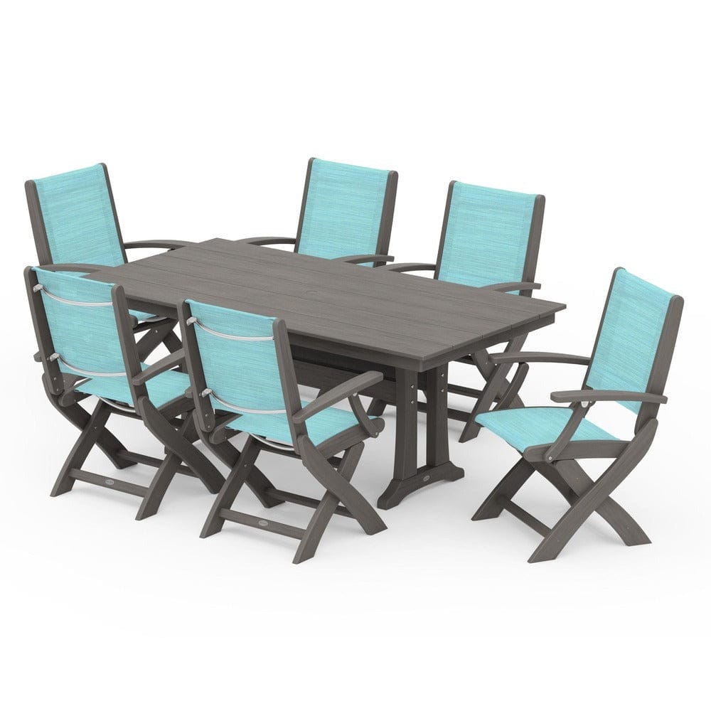 POLYWOOD® - Coastal Folding Arm Chair 7-Piece Farmhouse Dining Set with Trestle Legs - PWS292