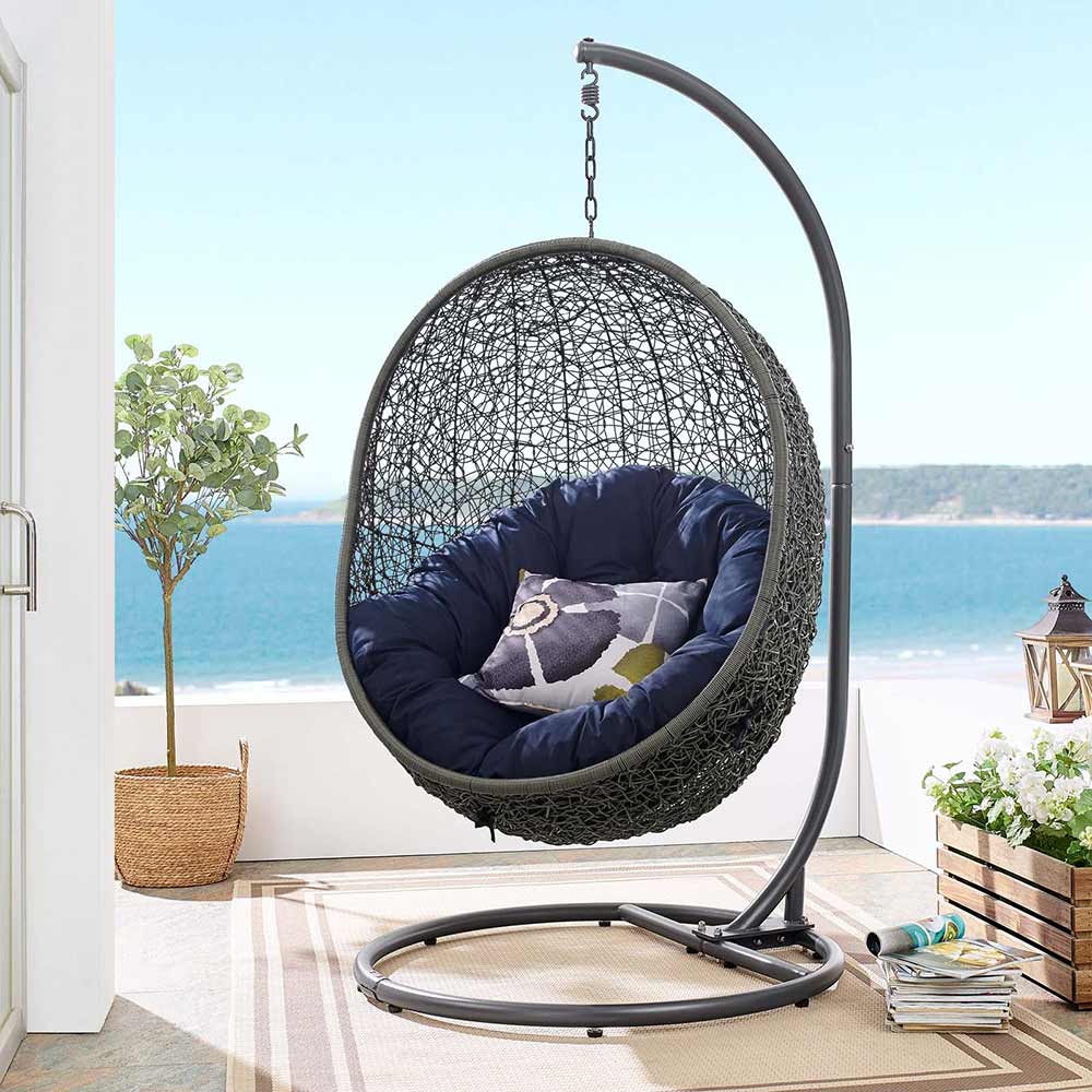 Modway - Hide Outdoor Patio Swing Chair With Stand & Grey/Navy Cushion Egg Chair Modway