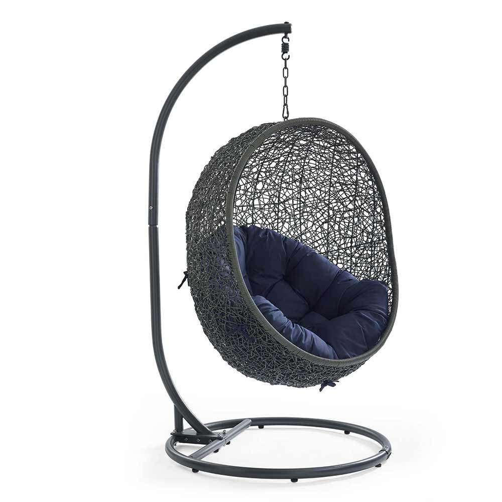 Modway - Hide Outdoor Patio Swing Chair With Stand & Grey/Navy Cushion Egg Chair Modway