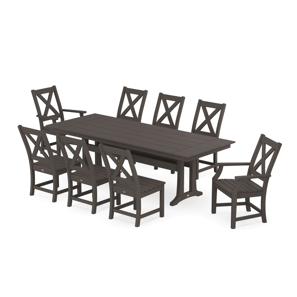 POLYWOOD® Braxton 9-Piece Farmhouse Dining Set with Trestle Legs - Vintage Coffee PWS1433-1-VCF