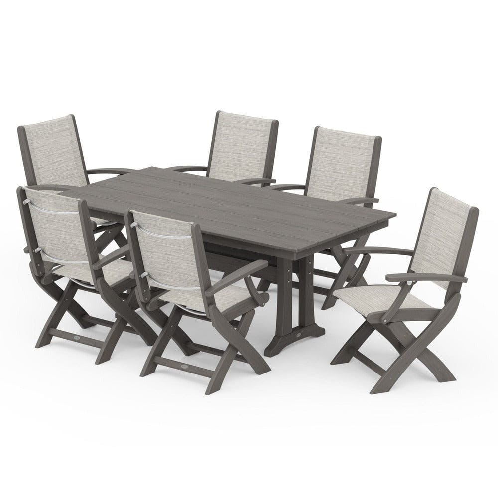 POLYWOOD® - Coastal Folding Arm Chair 7-Piece Farmhouse Dining Set with Trestle Legs - PWS292
