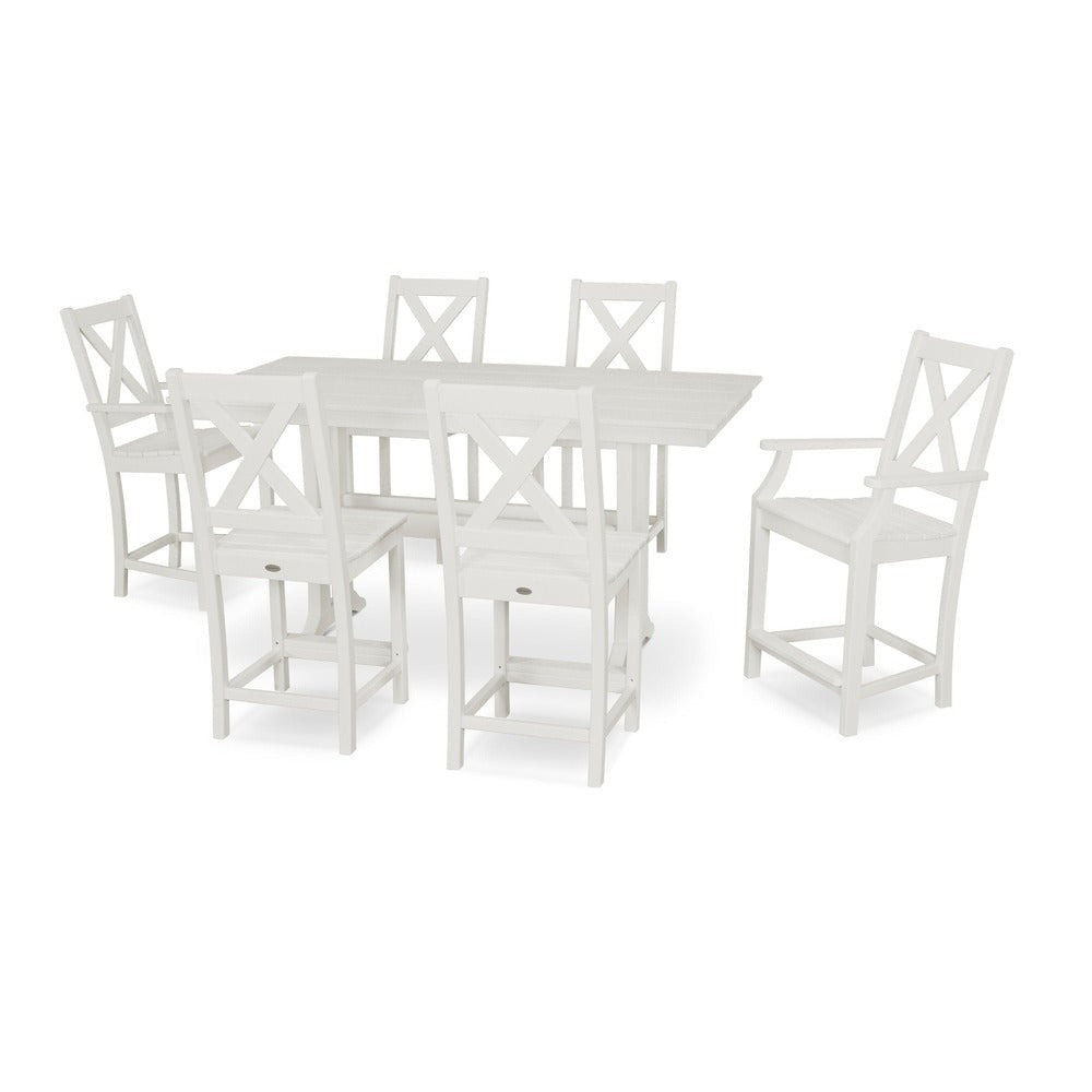 POLYWOOD® Braxton 7-Piece Farmhouse Trestle Counter Set - Vintage White PWS510-1-VWH