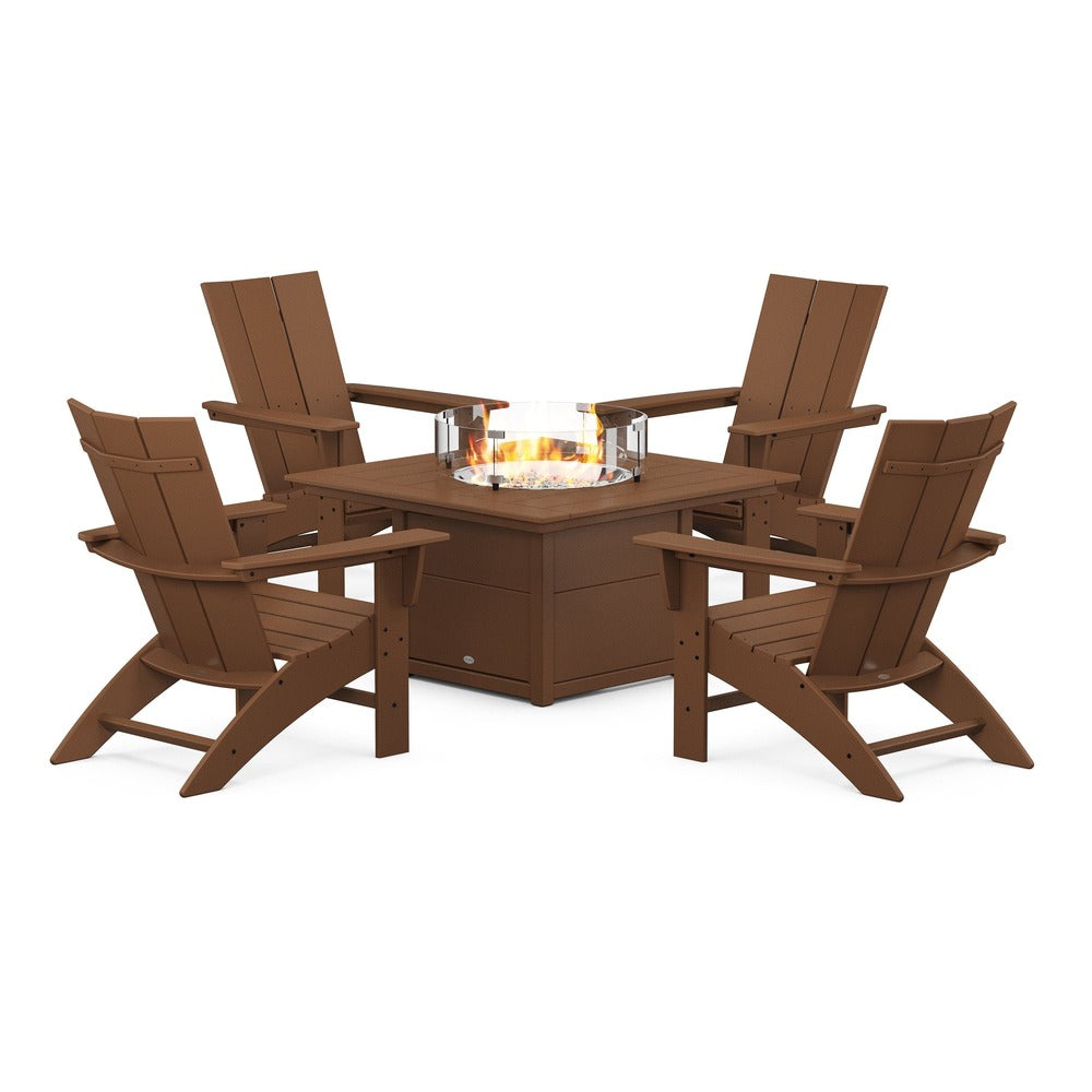 POLYWOOD® Modern Curveback Adirondack 5-Piece Conversation Set with Fire Pit Table - PWS412-1 Fire Table POLYWOOD®