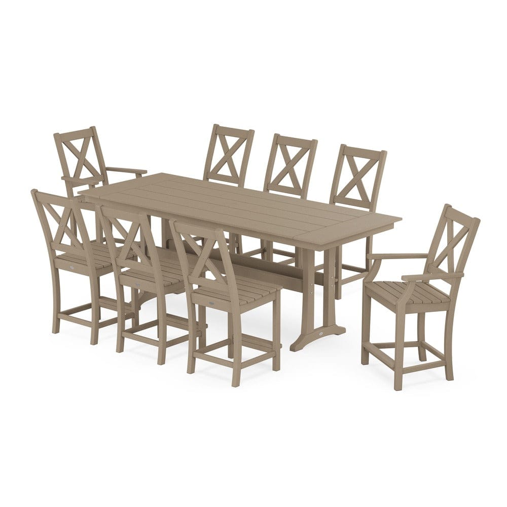 POLYWOOD® Braxton 9-Piece Farmhouse Counter Set with Trestle Legs - Vintage Sahara PWS1895-1-VSH