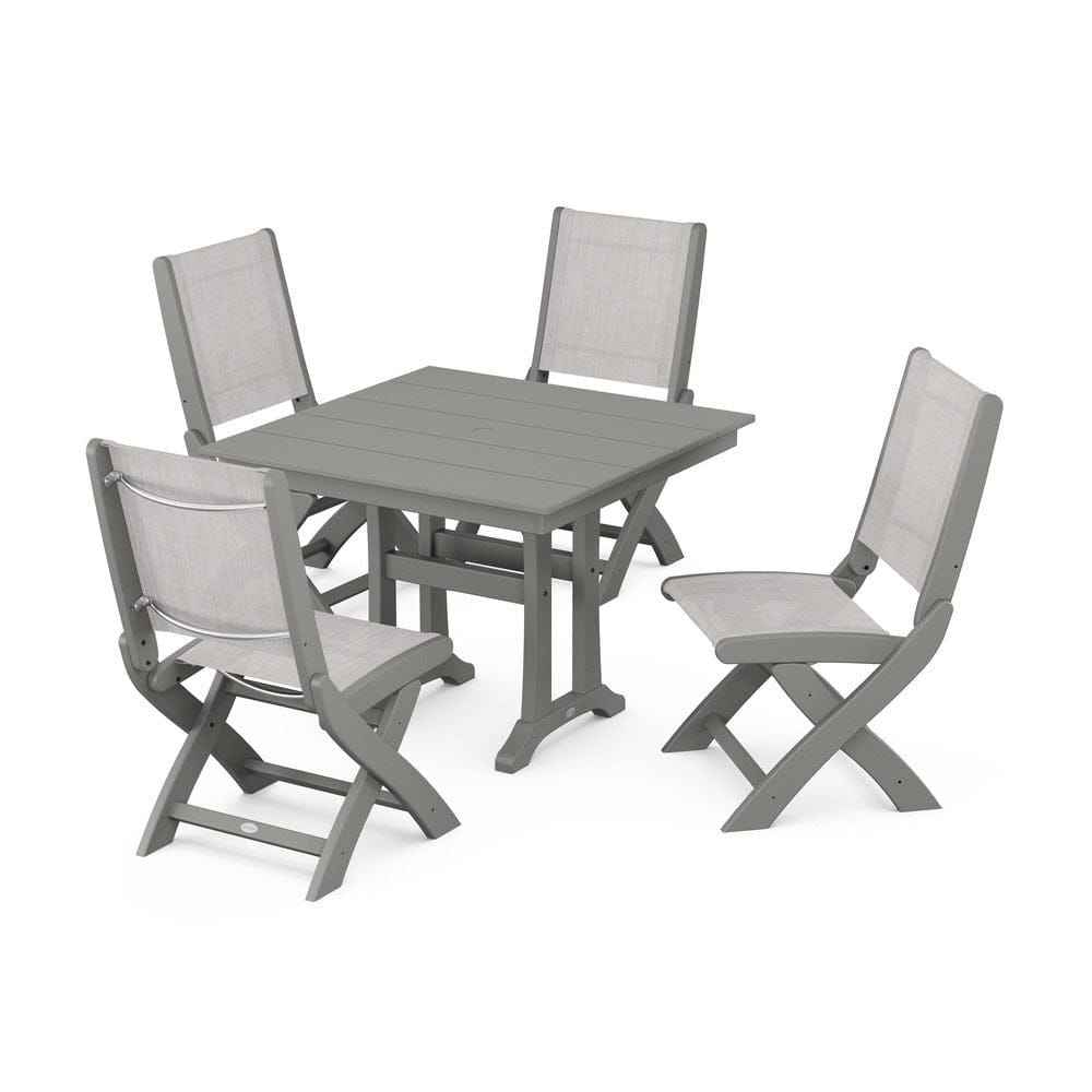 POLYWOOD® - Coastal Folding Side Chair 5-Piece Farmhouse Dining Set With Trestle Legs - PWS946 Outdoor Furniture POLYWOOD®