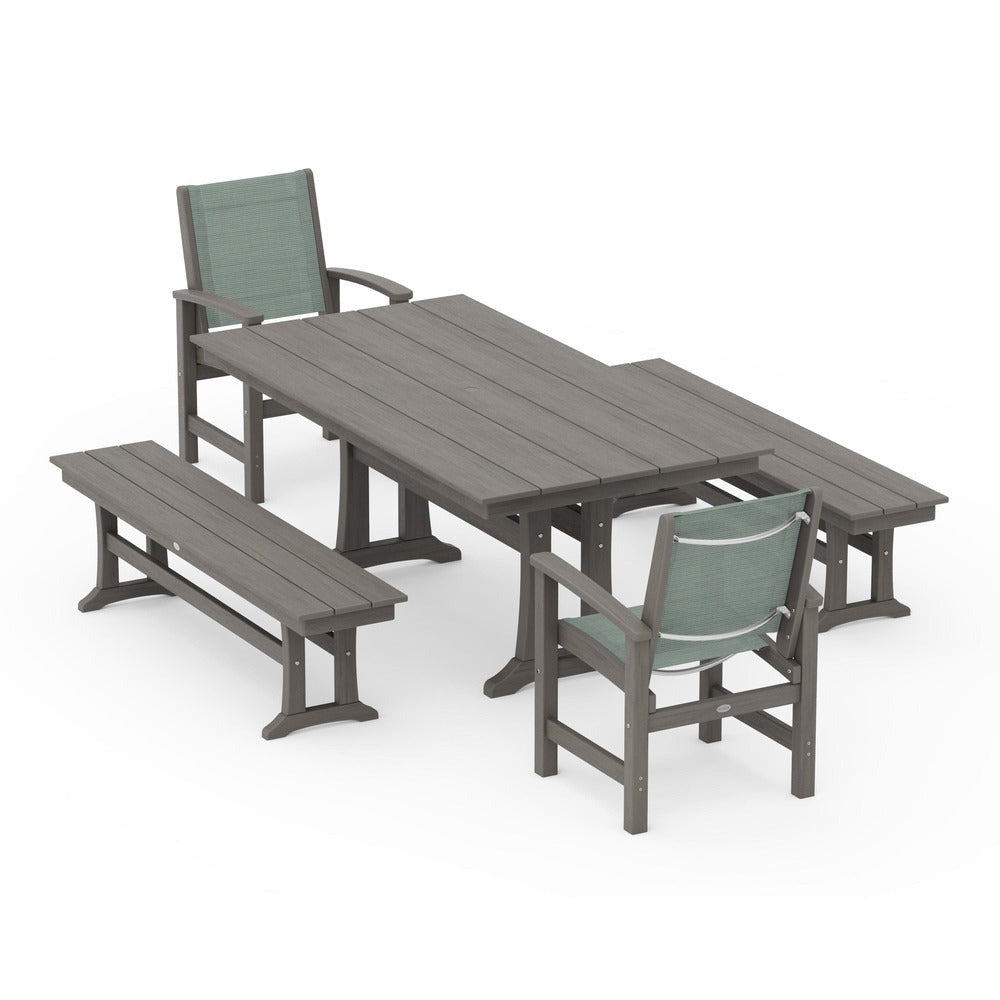 POLYWOOD® - Coastal 5-Piece Farmhouse Dining Set with Trestle Legs and Benches - PWS1000