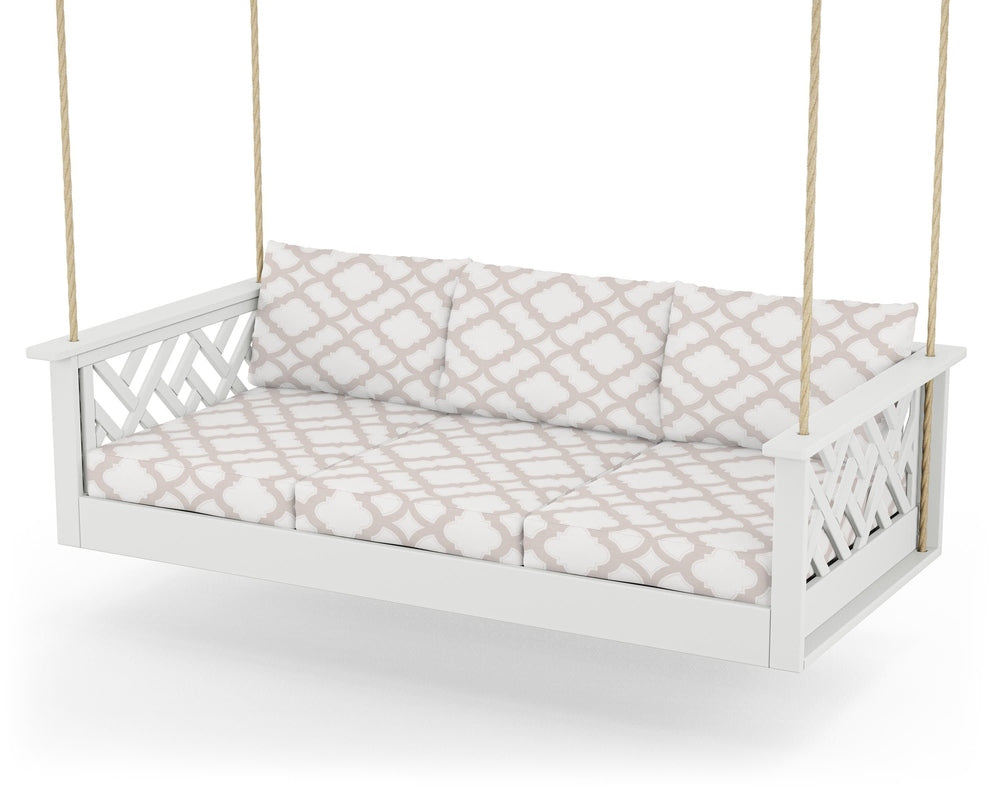 Chippendale Daybed Swing - White / Trellis Dune Burlap