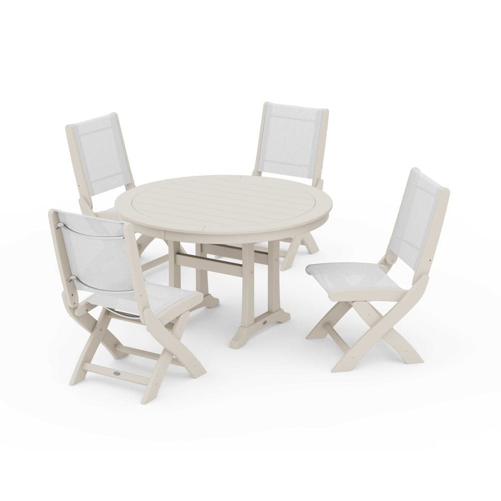 POLYWOOD® - Coastal Folding Side Chair 5-Piece Round Dining Set With Trestle Legs - PWS1121 Outdoor Furniture POLYWOOD®