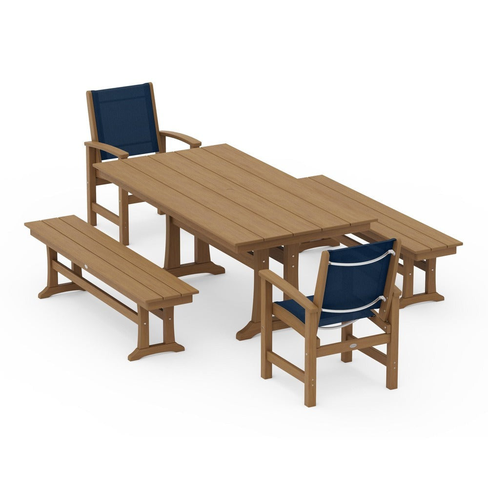 POLYWOOD® - Coastal 5-Piece Farmhouse Dining Set with Trestle Legs and Benches - PWS1000