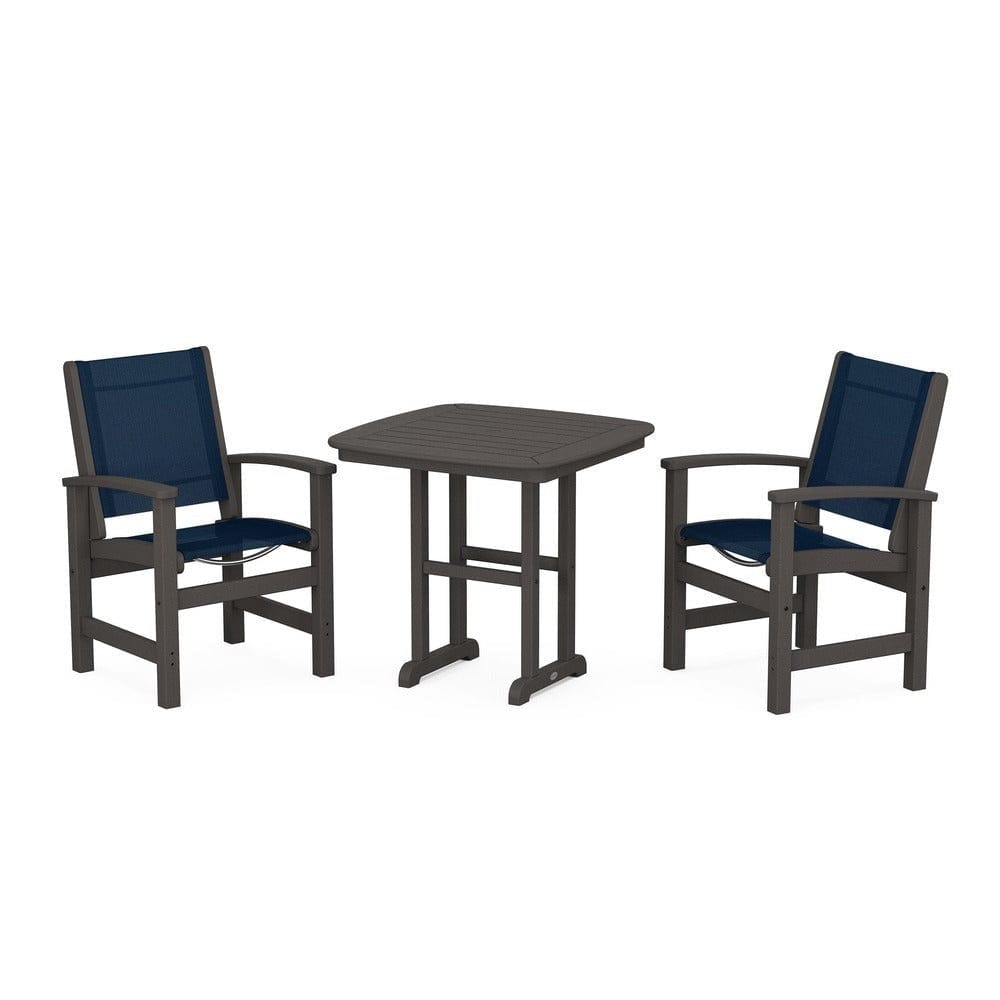 POLYWOOD® Outdoor Furniture Vintage Coffee / Navy Blue Sling POLYWOOD® - Coastal 3-Piece Dining Set - PWS1205