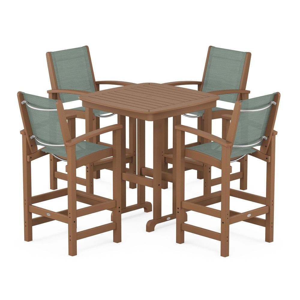 POLYWOOD® Outdoor Furniture Teak / Dupioni Sea Mist Sling POLYWOOD® Coastal 5-Piece Bar Set - PWS210-1