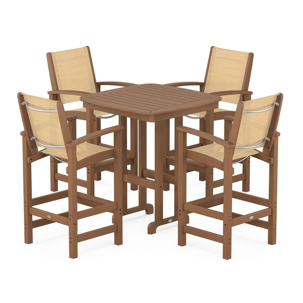 POLYWOOD® Outdoor Furniture Teak / Dupioni Apricot Sling POLYWOOD® Coastal 5-Piece Bar Set - PWS210-1