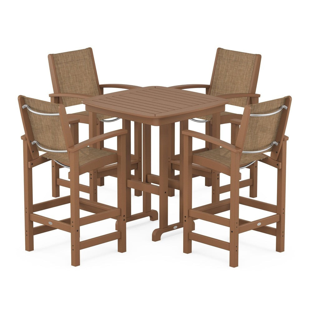 POLYWOOD® Outdoor Furniture Teak / Burlap Sling POLYWOOD® Coastal 5-Piece Bar Set - PWS210-1
