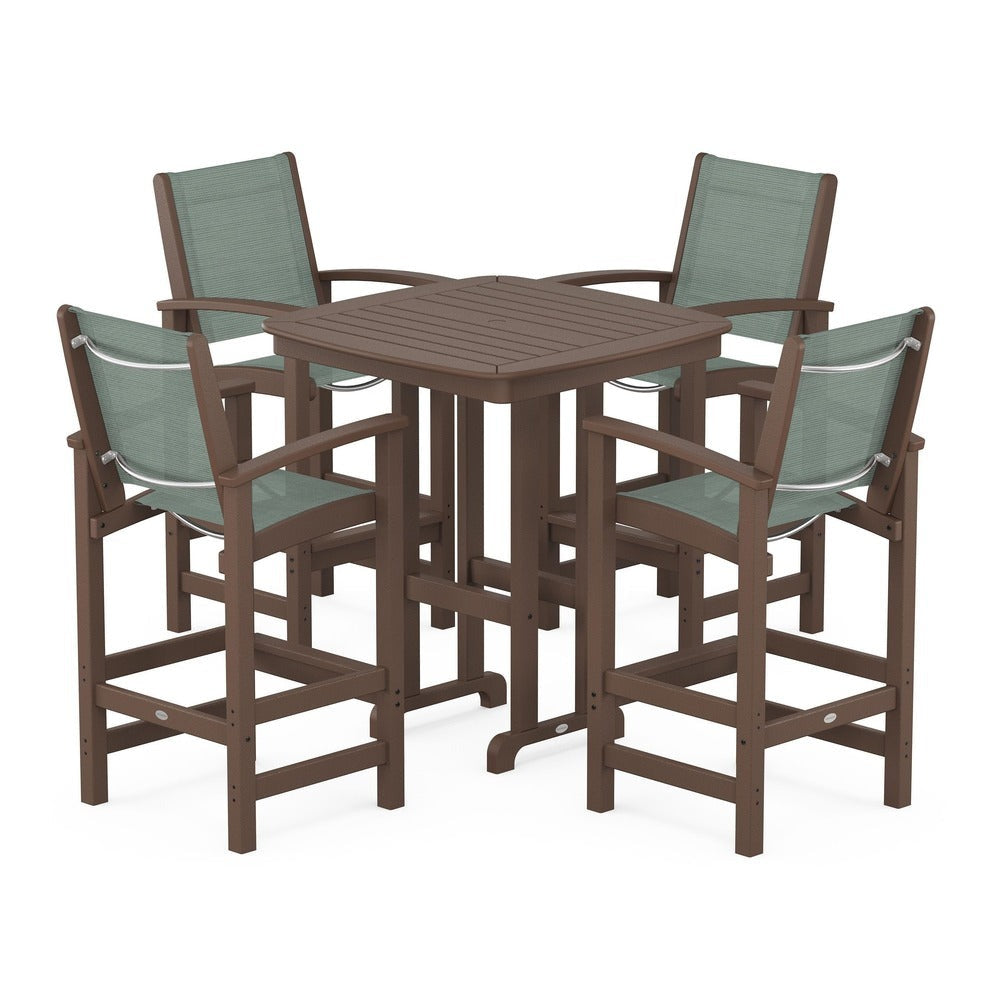 POLYWOOD® Outdoor Furniture Mahogany / Dupioni Sea Mist Sling POLYWOOD® Coastal 5-Piece Bar Set - PWS210-1