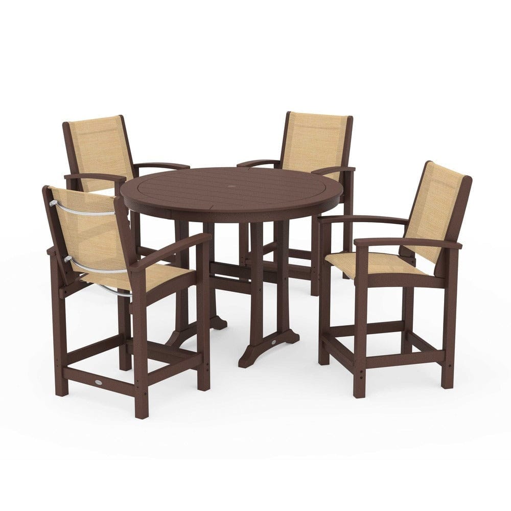 POLYWOOD® Outdoor Furniture Mahogany / Dupioni Apricot Sling POLYWOOD® - Coastal 5-Piece Counter Set - PWS319