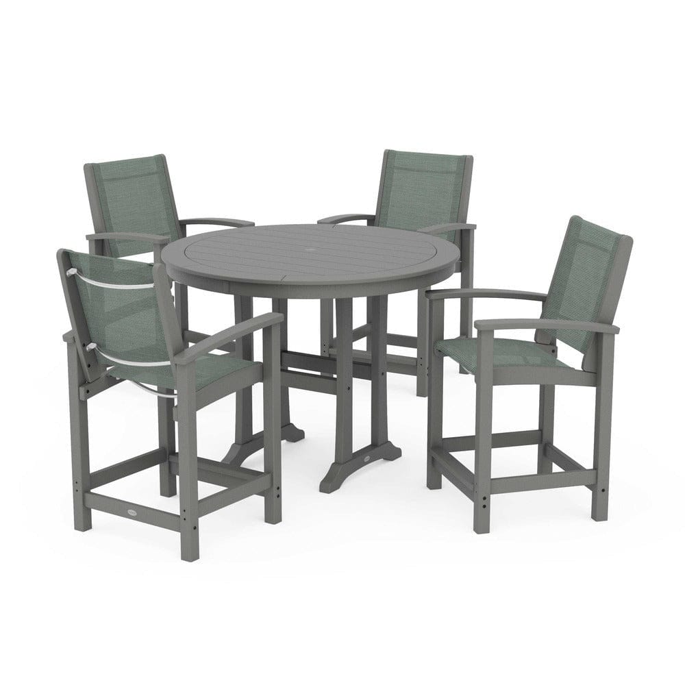 POLYWOOD® Outdoor Furniture Slate Grey / Dupioni Sea Mist Sling POLYWOOD® - Coastal 5-Piece Counter Set - PWS319