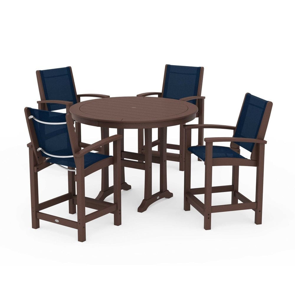 POLYWOOD® Outdoor Furniture Mahogany / Navy Blue Sling POLYWOOD® - Coastal 5-Piece Counter Set - PWS319