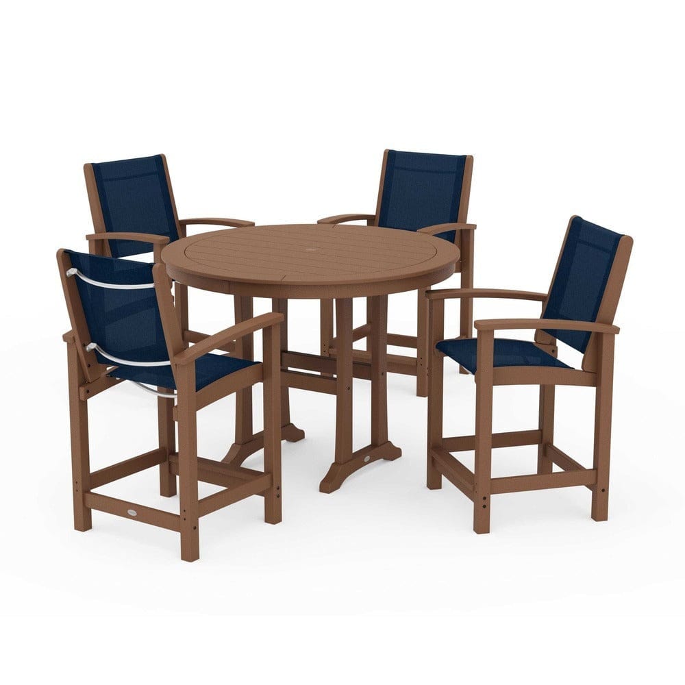 POLYWOOD® Outdoor Furniture Teak / Navy Blue Sling POLYWOOD® - Coastal 5-Piece Counter Set - PWS319