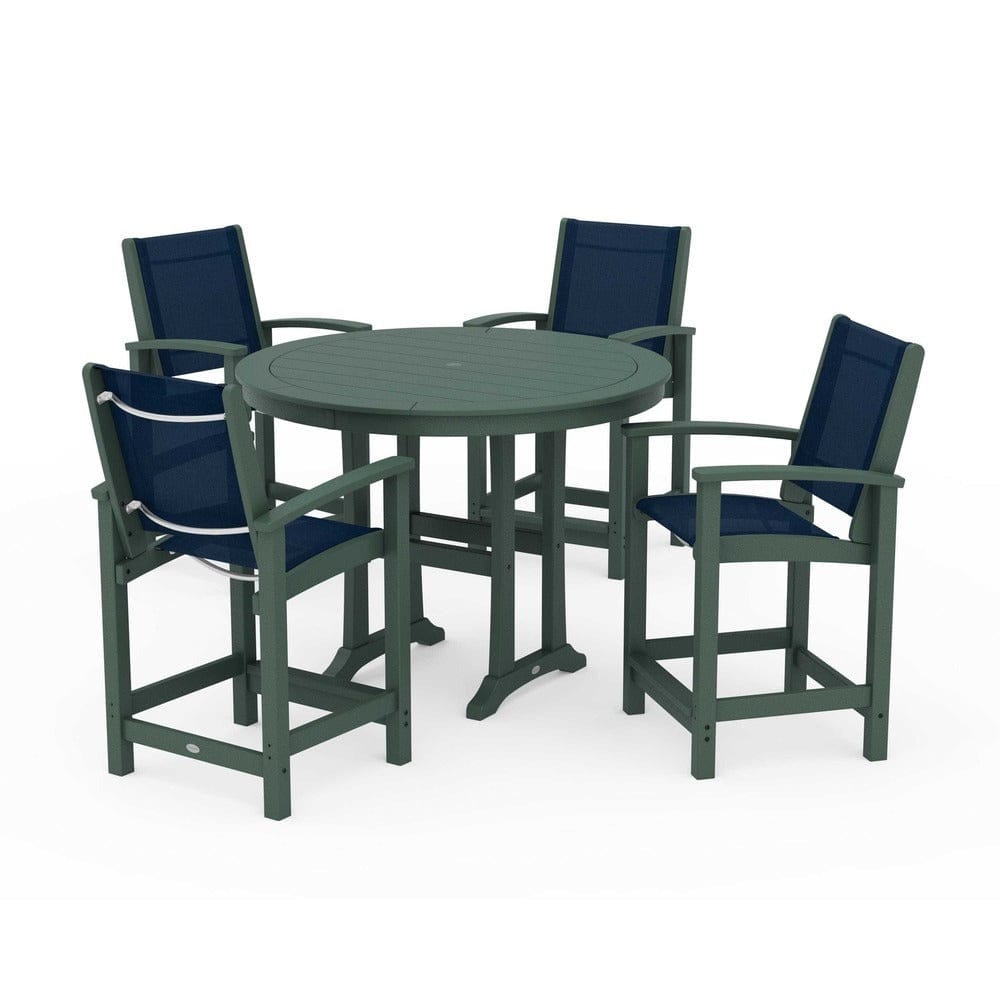 POLYWOOD® Outdoor Furniture Green / Navy Blue Sling POLYWOOD® - Coastal 5-Piece Counter Set - PWS319