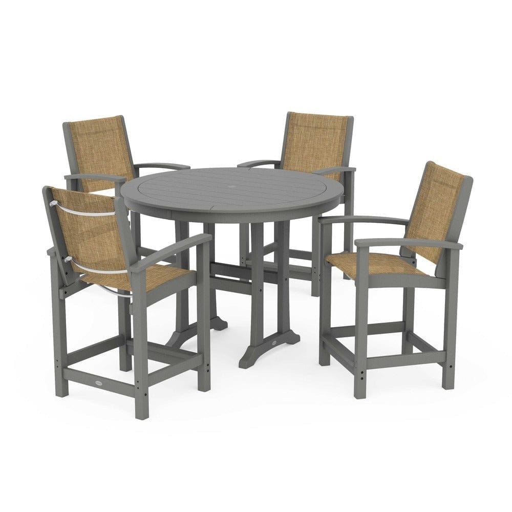 POLYWOOD® Outdoor Furniture Slate Grey / Burlap Sling POLYWOOD® - Coastal 5-Piece Counter Set - PWS319