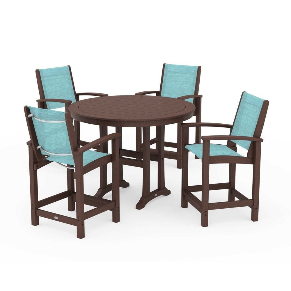 POLYWOOD® Outdoor Furniture Mahogany / Dupioni Aquamarine Sling POLYWOOD® - Coastal 5-Piece Counter Set - PWS319