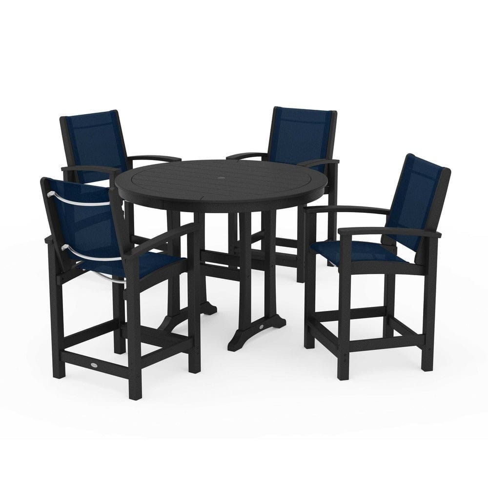 POLYWOOD® Outdoor Furniture Black / Navy Blue Sling POLYWOOD® - Coastal 5-Piece Counter Set - PWS319