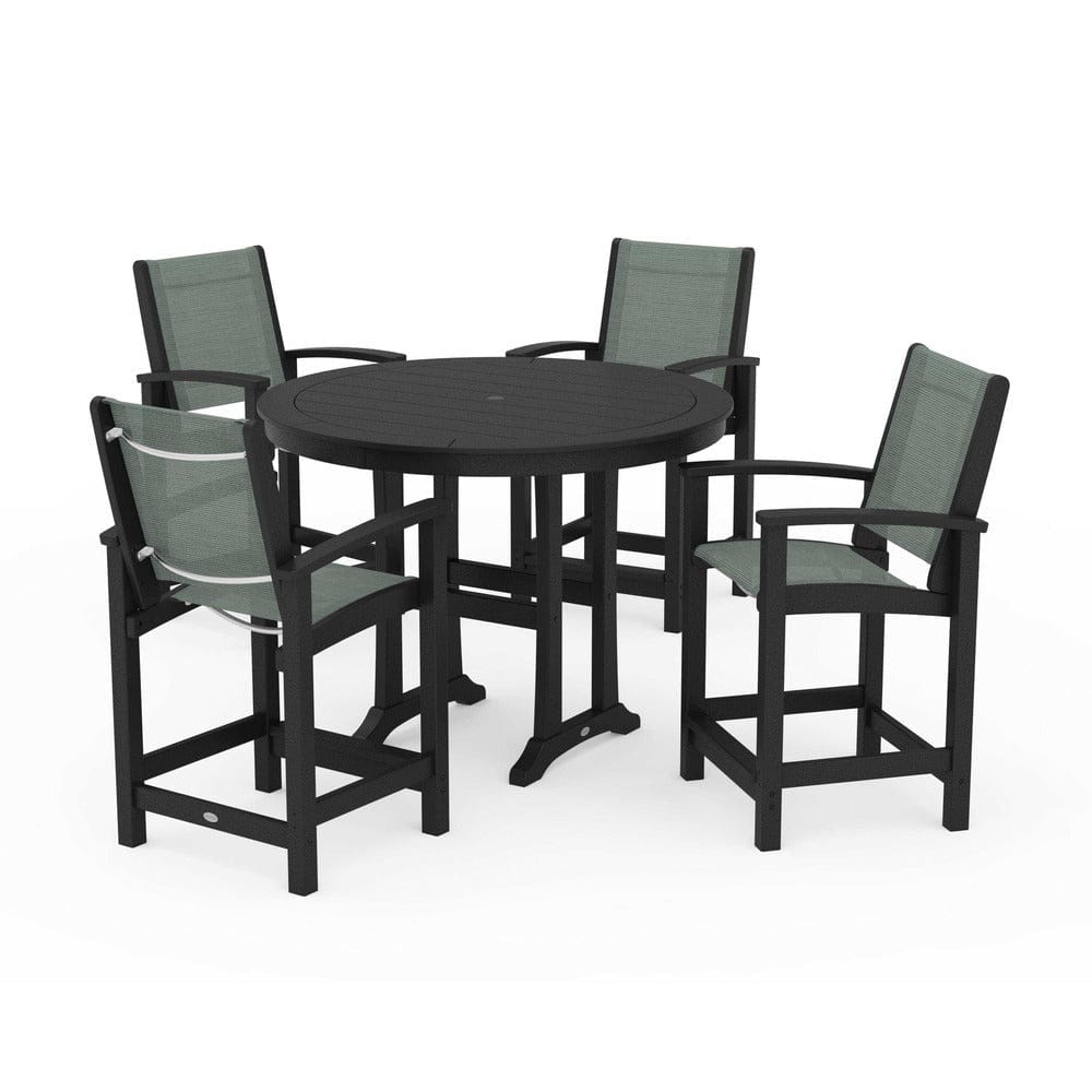 POLYWOOD® Outdoor Furniture Black / Dupioni Sea Mist Sling POLYWOOD® - Coastal 5-Piece Counter Set - PWS319