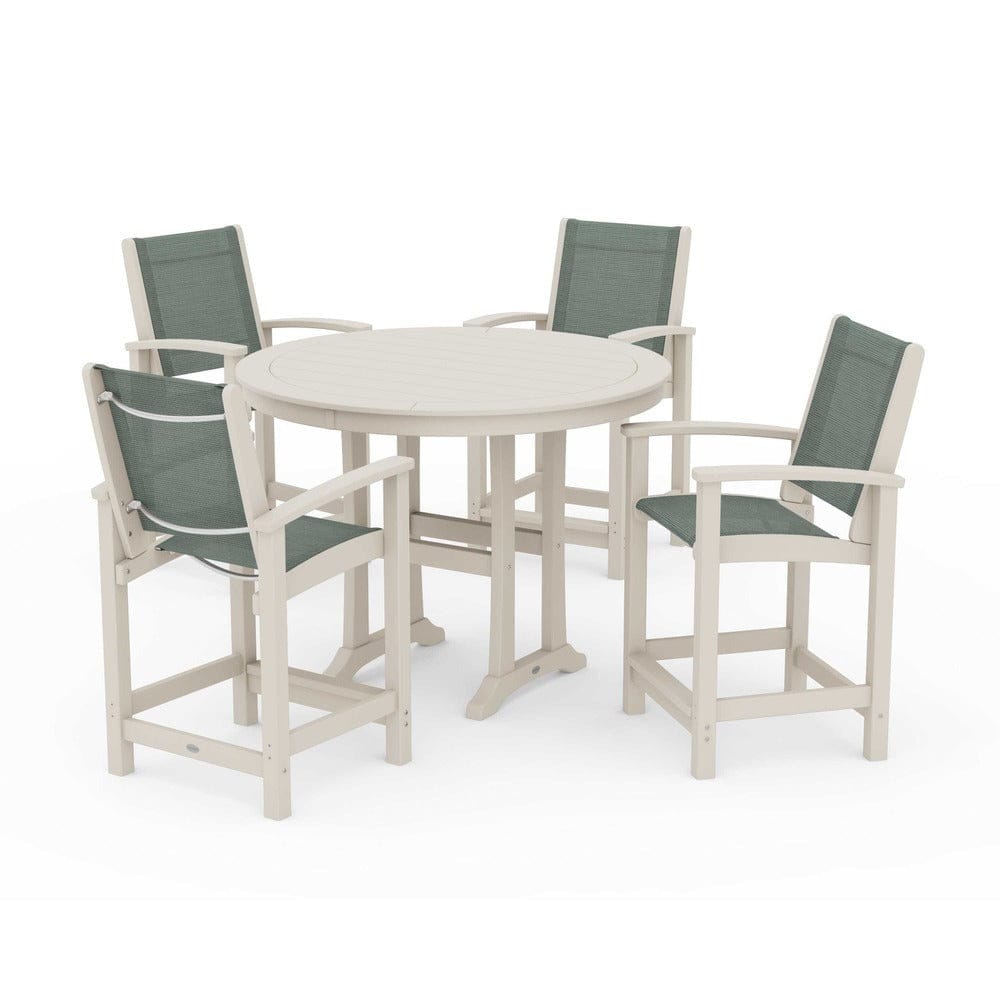 POLYWOOD® Outdoor Furniture Sand / Dupioni Sea Mist Sling POLYWOOD® - Coastal 5-Piece Counter Set - PWS319