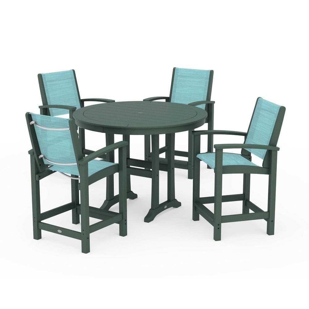 POLYWOOD® Outdoor Furniture Green / Dupioni Aquamarine Sling POLYWOOD® - Coastal 5-Piece Counter Set - PWS319