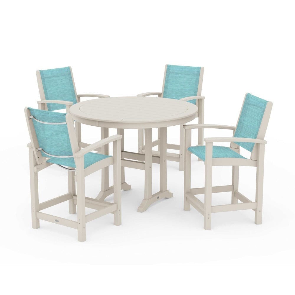 POLYWOOD® Outdoor Furniture Sand / Dupioni Aquamarine Sling POLYWOOD® - Coastal 5-Piece Counter Set - PWS319