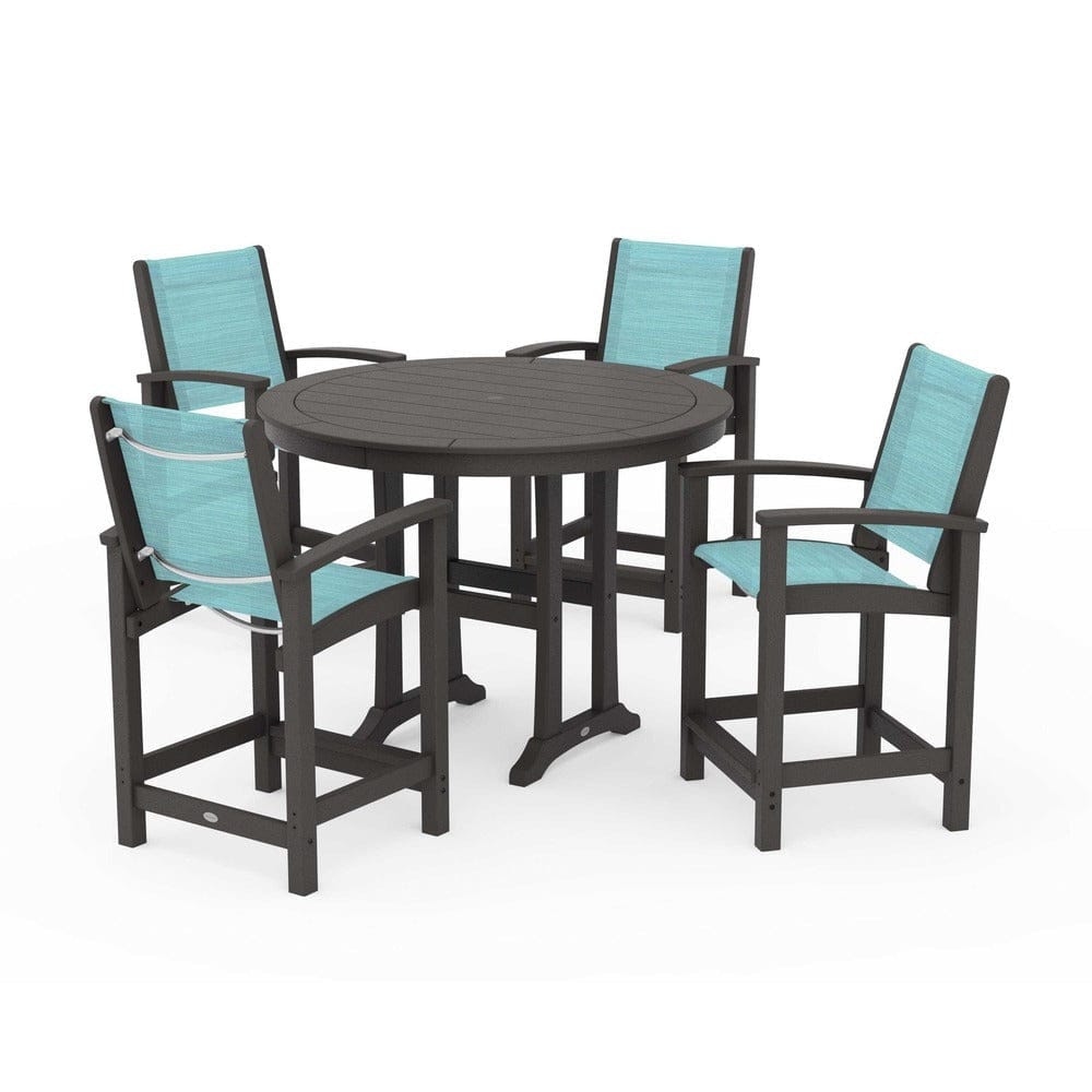 POLYWOOD® Outdoor Furniture Vintage Coffee / Dupioni Aquamarine Sling POLYWOOD® - Coastal 5-Piece Counter Set - PWS319