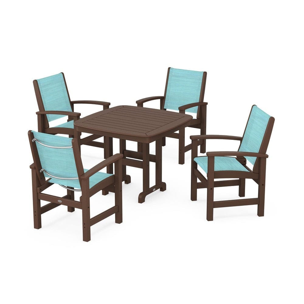 POLYWOOD® Outdoor Furniture Mahogany / Dupioni Aquamarine Sling POLYWOOD® - Coastal 5-Piece Dining Set - PWS1236