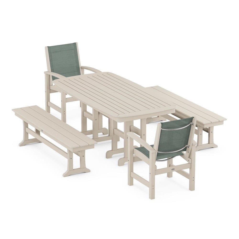 POLYWOOD® Outdoor Furniture Sand / Dupioni Sea Mist Sling POLYWOOD® - Coastal 5-Piece Dining Set - PWS1263