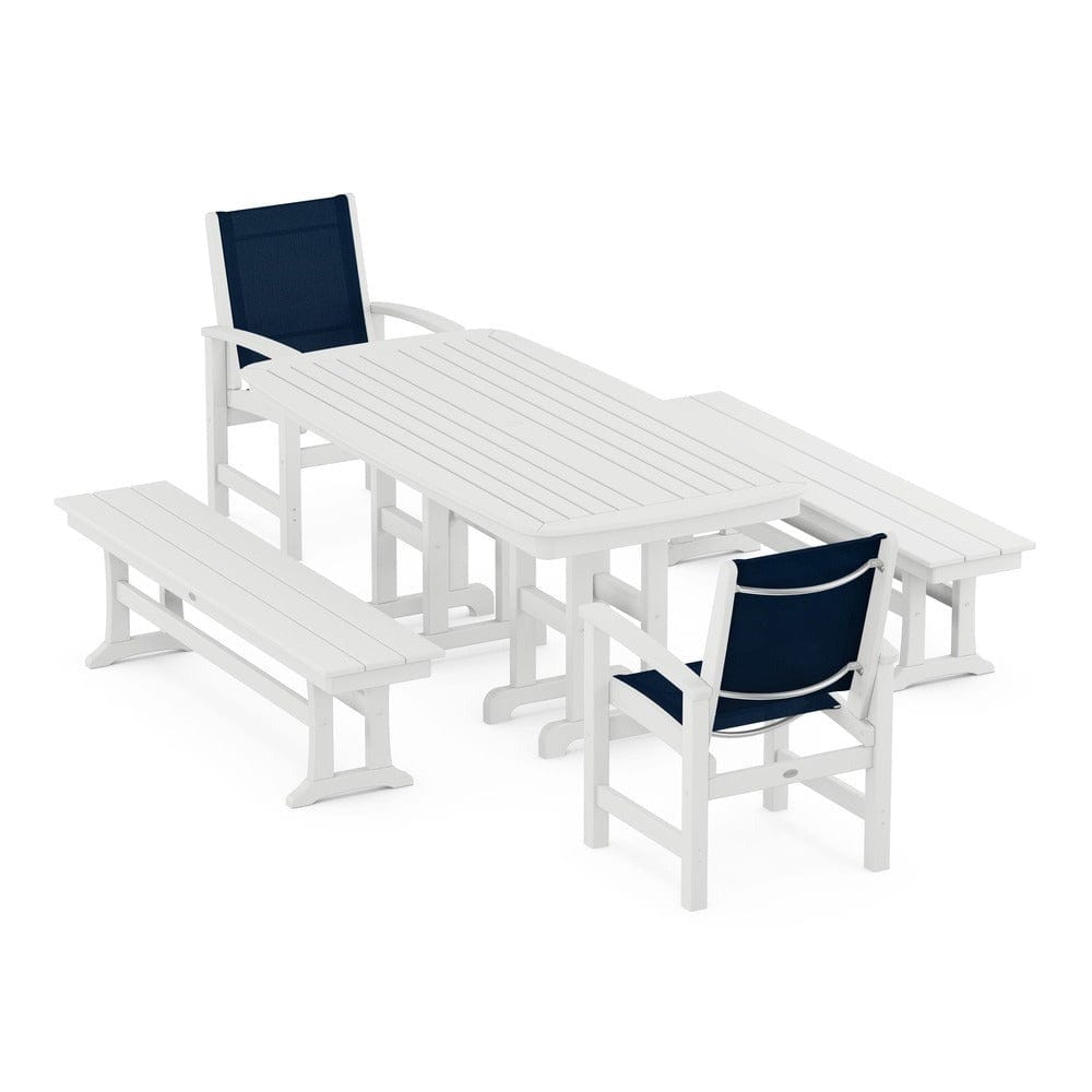 POLYWOOD® Outdoor Furniture White / Navy Blue Sling POLYWOOD® - Coastal 5-Piece Dining Set - PWS1263
