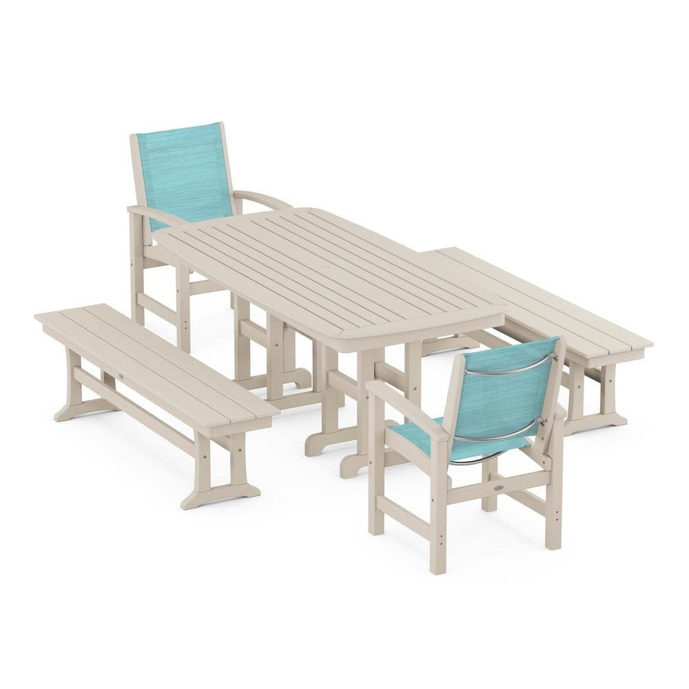 POLYWOOD® Outdoor Furniture Sand / Dupioni Aquamarine Sling POLYWOOD® - Coastal 5-Piece Dining Set - PWS1263