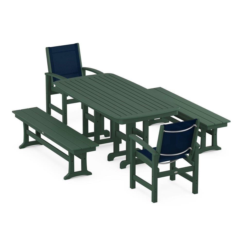 POLYWOOD® Outdoor Furniture Green / Navy Blue Sling POLYWOOD® - Coastal 5-Piece Dining Set - PWS1263