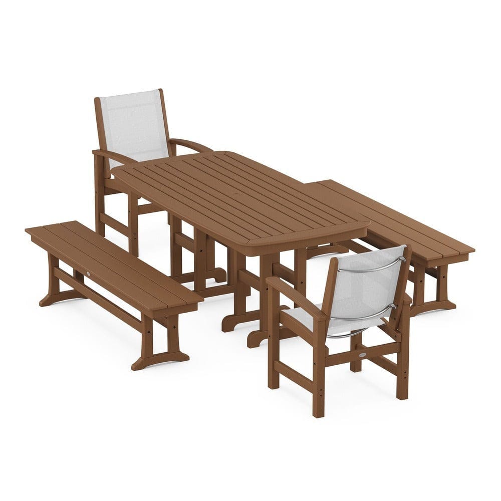 POLYWOOD® Outdoor Furniture Teak / White Sling POLYWOOD® - Coastal 5-Piece Dining Set - PWS1263
