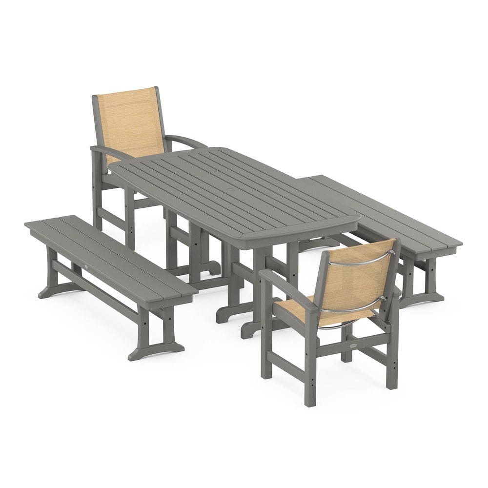 POLYWOOD® Outdoor Furniture Slate Grey / Dupioni Apricot Sling POLYWOOD® - Coastal 5-Piece Dining Set - PWS1263