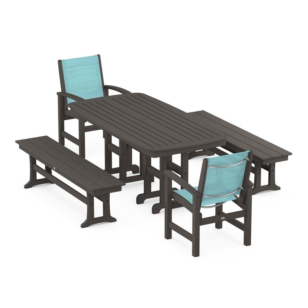 POLYWOOD® Outdoor Furniture Vintage Coffee / Dupioni Aquamarine Sling POLYWOOD® - Coastal 5-Piece Dining Set - PWS1263