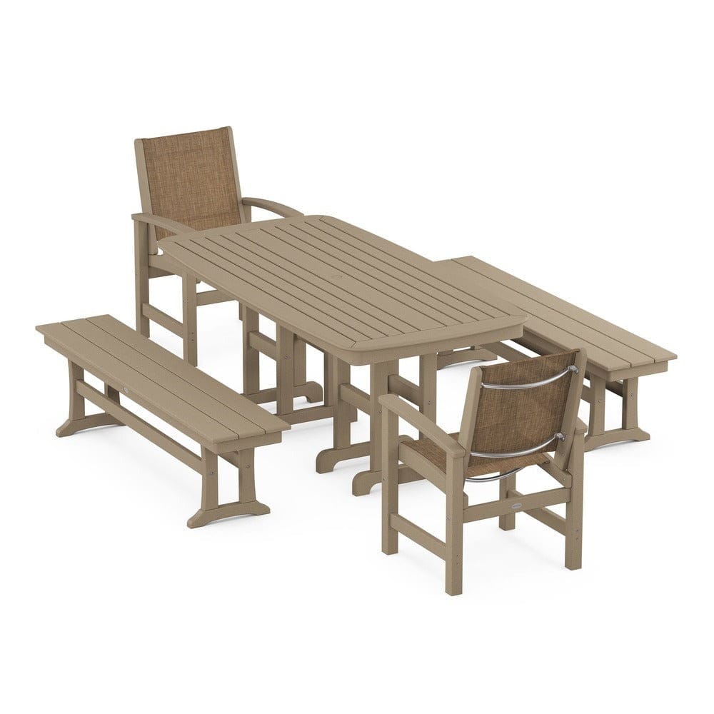 POLYWOOD® Outdoor Furniture Vintage Sahara / Burlap Sling POLYWOOD® - Coastal 5-Piece Dining Set - PWS1263