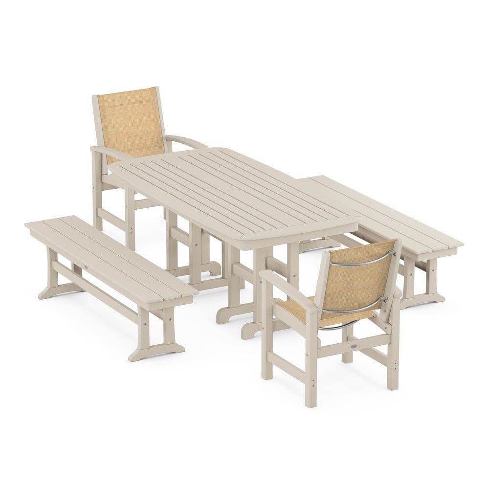 POLYWOOD® Outdoor Furniture Sand / Dupioni Apricot Sling POLYWOOD® - Coastal 5-Piece Dining Set - PWS1263