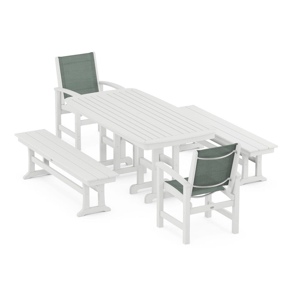 POLYWOOD® Outdoor Furniture White / Dupioni Sea Mist Sling POLYWOOD® - Coastal 5-Piece Dining Set - PWS1263