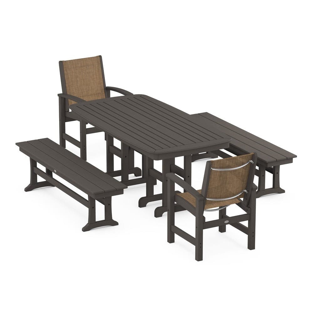 POLYWOOD® Outdoor Furniture Vintage Coffee / Burlap Sling POLYWOOD® - Coastal 5-Piece Dining Set - PWS1263