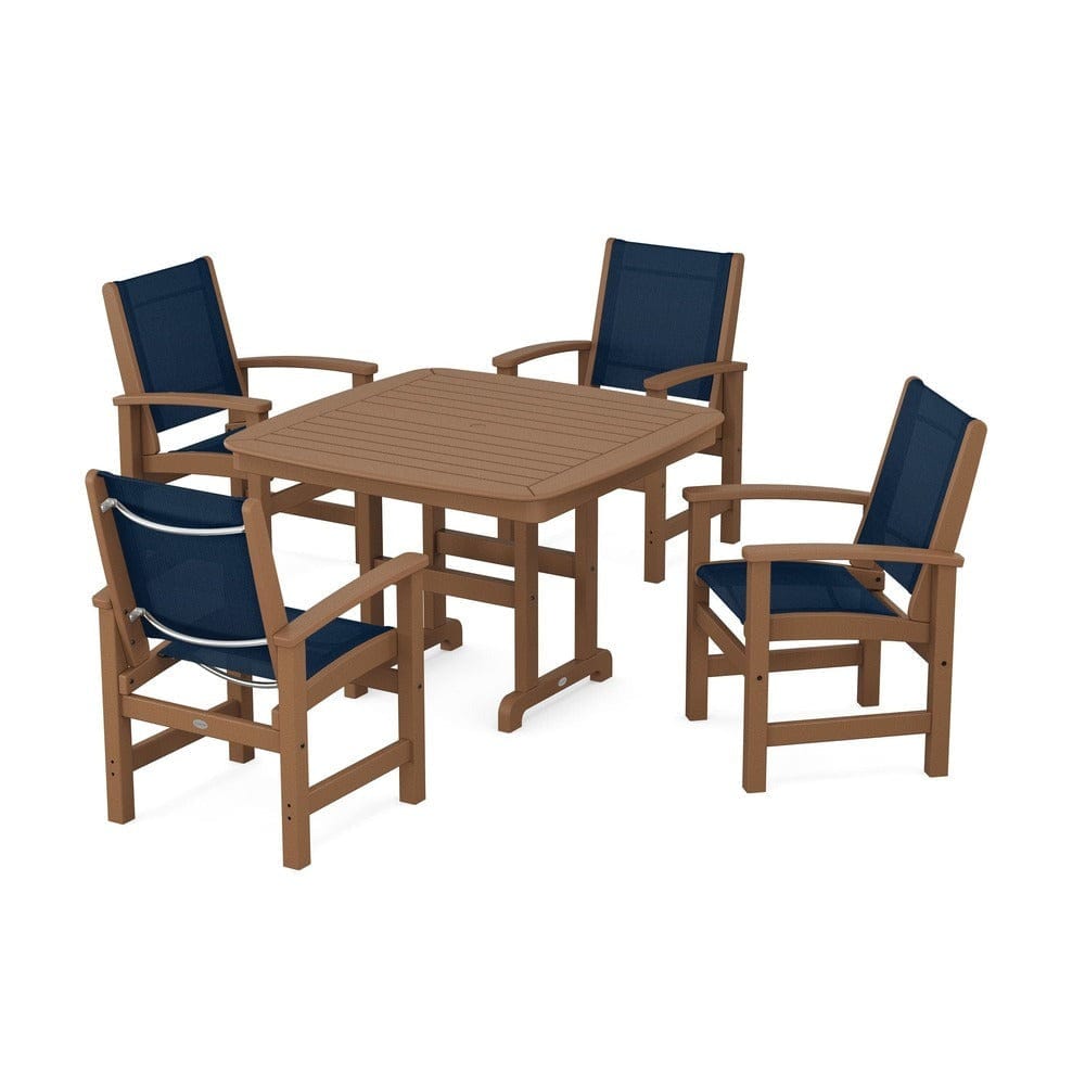 POLYWOOD® Outdoor Furniture Teak / Navy Blue Sling POLYWOOD® - Coastal 5-Piece Dining Set - PWS914
