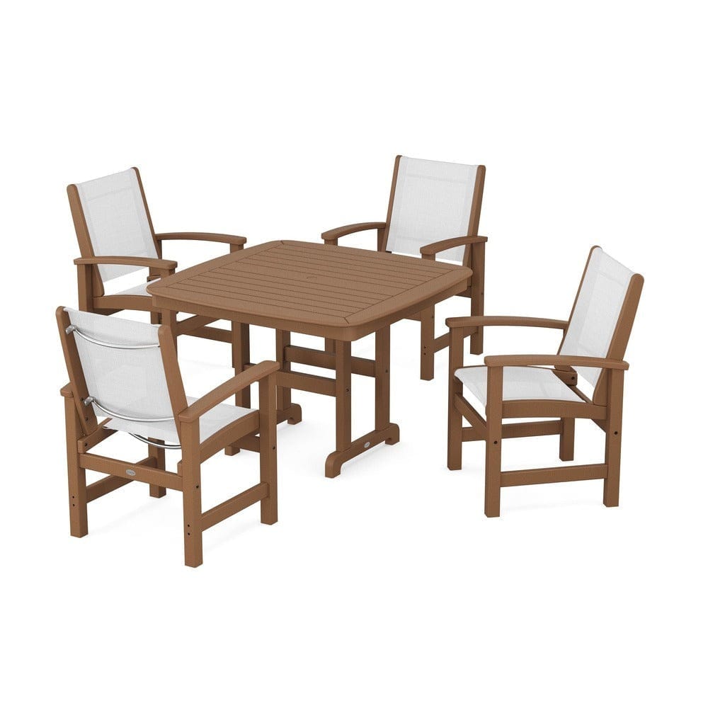 POLYWOOD® Outdoor Furniture Teak / White Sling POLYWOOD® - Coastal 5-Piece Dining Set - PWS914