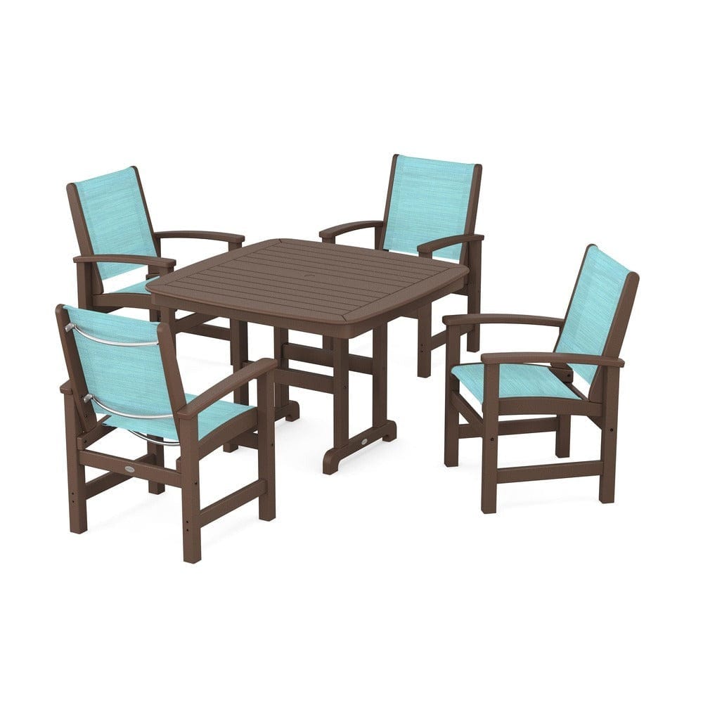 POLYWOOD® Outdoor Furniture Mahogany / Dupioni Aquamarine Sling POLYWOOD® - Coastal 5-Piece Dining Set - PWS914